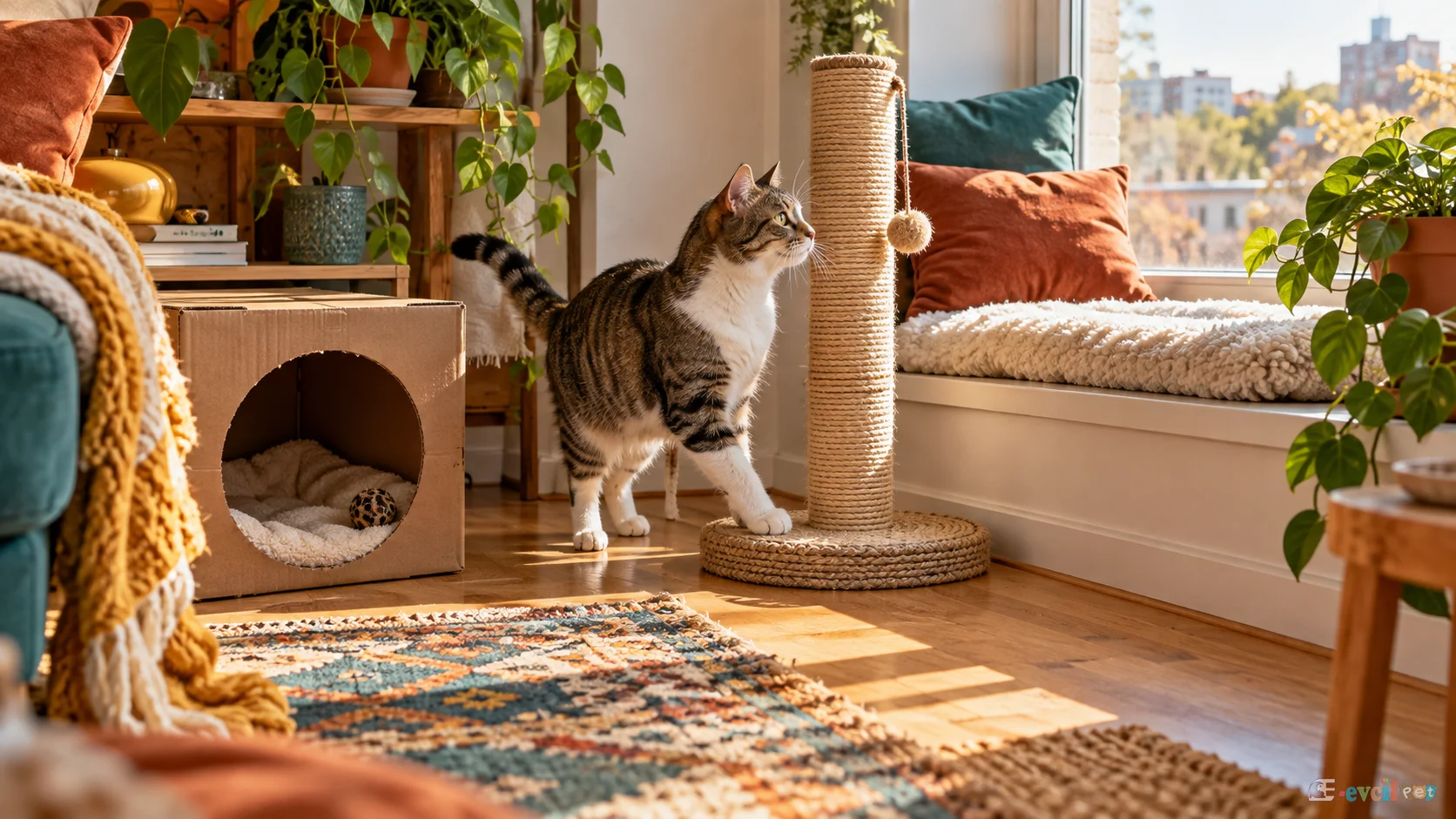 Kedi için tırmalama ve dinlenme alanları düzenlenmiş ev köşesi