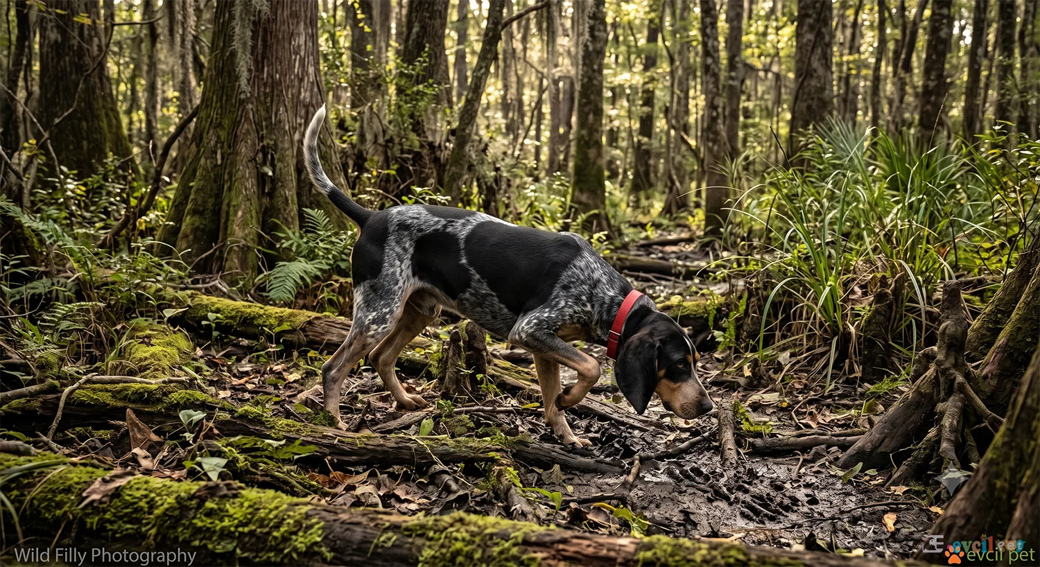 Sık ağaçlıklı ve nemli bir bataklık ormanında, kırmızı tasmasıyla eğilerek çamurlu zeminde iz süren yetişkin bir Mavi Benekli Rakun Tazısı (Bluetick Coonhound) av köpeği.