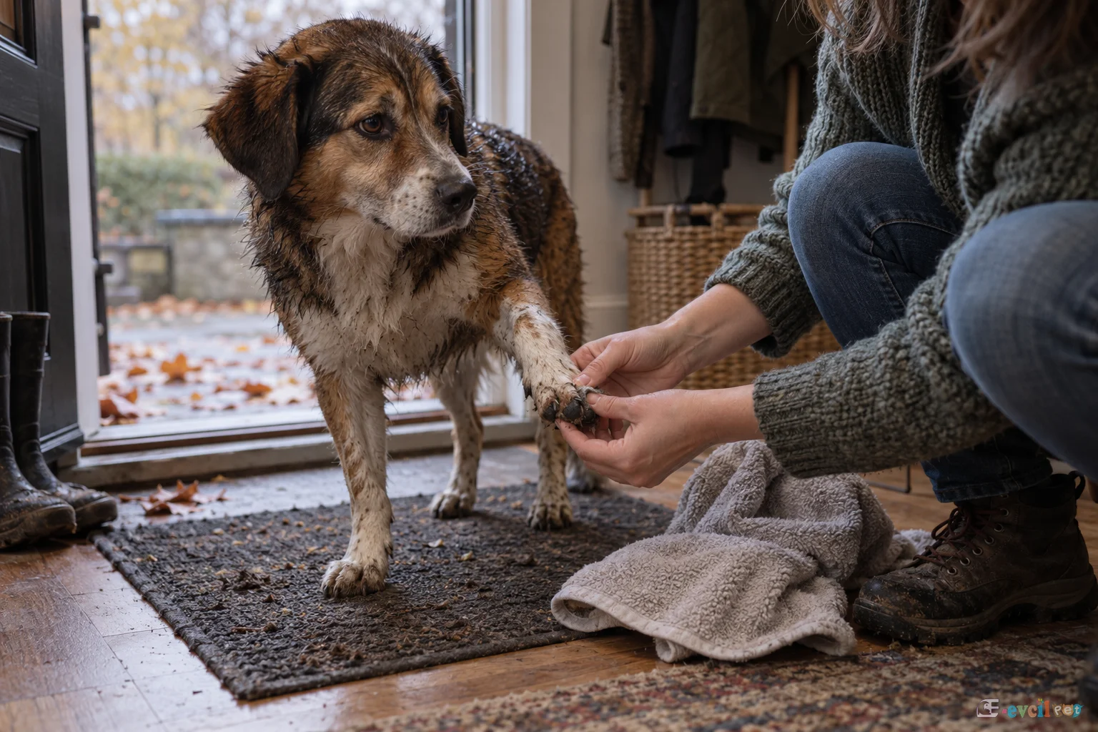 Sonbahar yürüyüşü sonrası köpeğin patilerini kontrol eden kişi